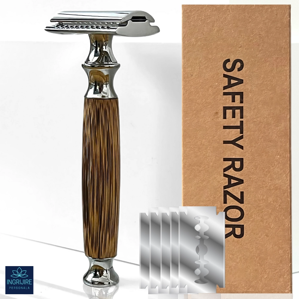 Aparat de ras clasic, maner din lemn, silver [1]