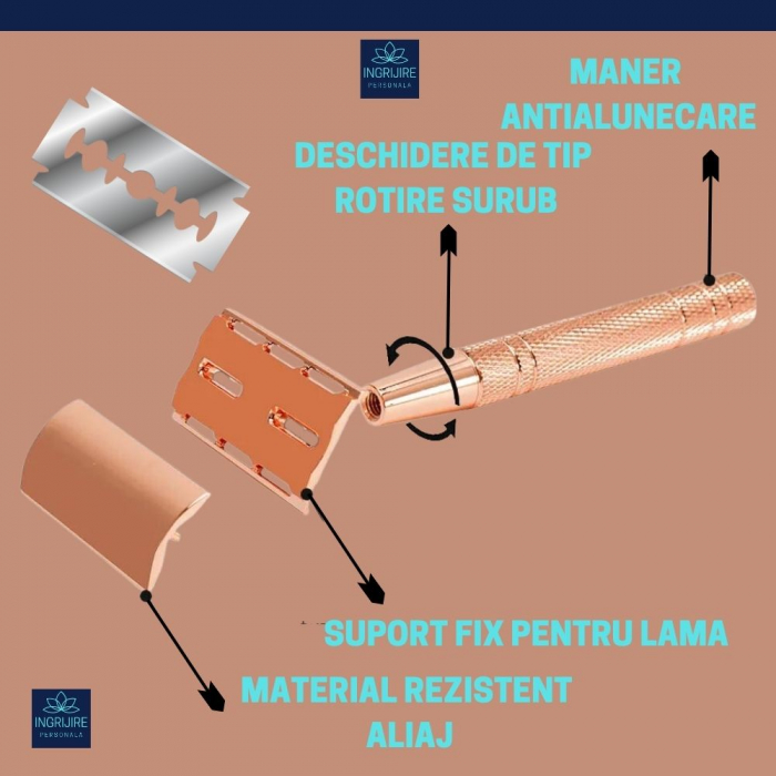 Aparat de ras clasic, safety razor, rose gold [14]