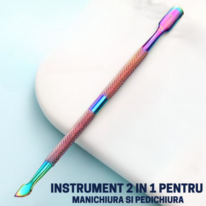 Instrument pentru impingere cuticule si curatare, cu doua capete varf drept/inclinat multicolor [8]