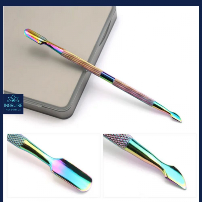 Instrument pentru impingere cuticule si curatare, cu doua capete varf drept/inclinat multicolor [13]