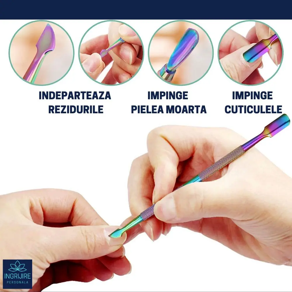 Instrument pentru impingere cuticule si curatare, cu doua capete varf drept/inclinat multicolor [5]