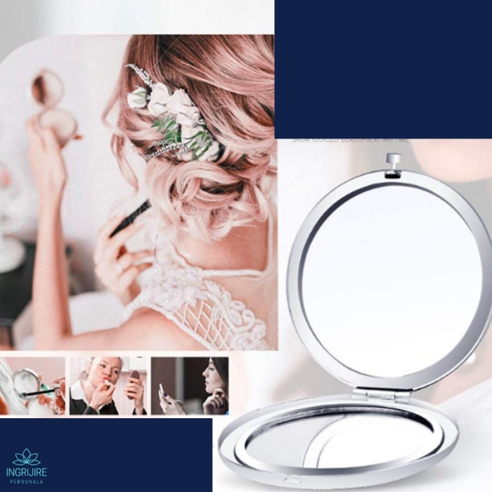 Oglinda de poseta, cristal decorativ albastru, 7 cm, lupa x3, otel inoxidabil [3]