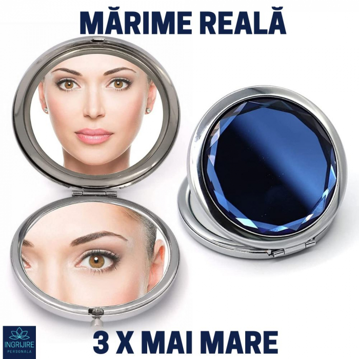Oglinda de poseta, cristal decorativ albastru, 7 cm, lupa x3, otel inoxidabil [5]