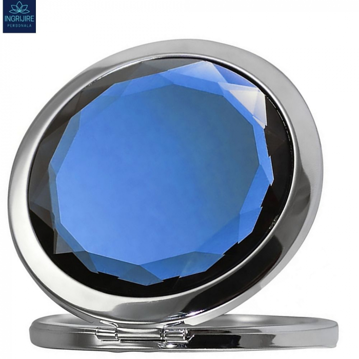 Oglinda de poseta, cristal decorativ albastru, 7 cm, lupa x3, otel inoxidabil [11]