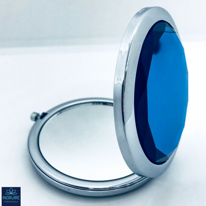 Oglinda de poseta, cristal decorativ albastru, 7 cm, lupa x3, otel inoxidabil [12]