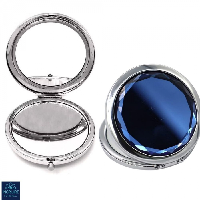 Oglinda de poseta, cristal decorativ albastru, 7 cm, lupa x3, otel inoxidabil [2]