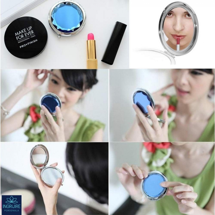 Oglinda de poseta, cristal decorativ albastru, 7 cm, lupa x3, otel inoxidabil [4]