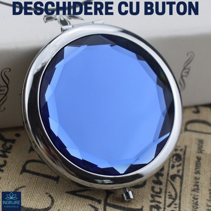 Oglinda de poseta, cristal decorativ albastru, 7 cm, lupa x3, otel inoxidabil [6]
