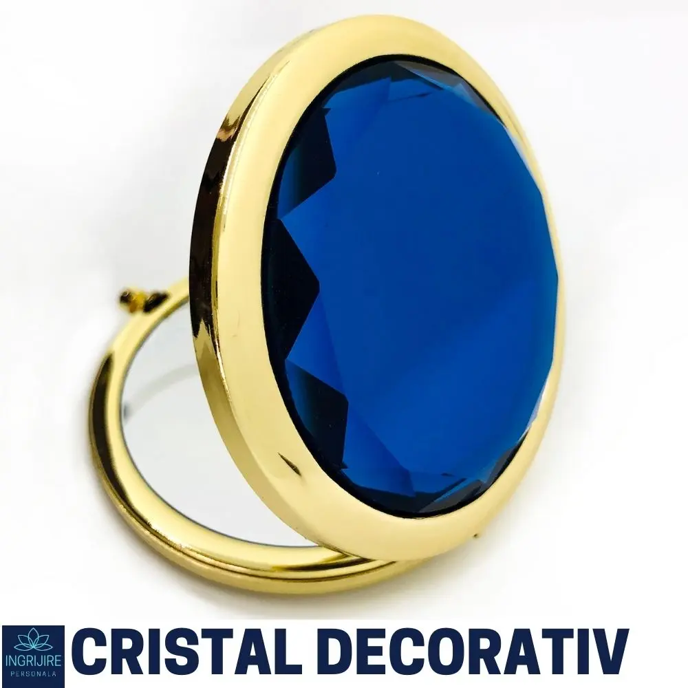 Oglinda de poseta, cristal decorativ albastru, auriu, 7 cm, lupa x3 [2]