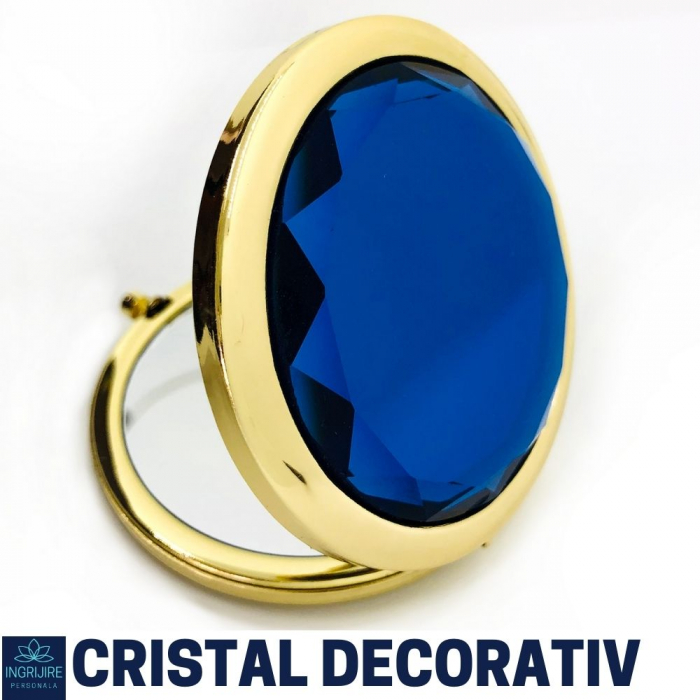 Oglinda de poseta, cristal decorativ albastru, auriu, 7 cm, lupa x3, [2]