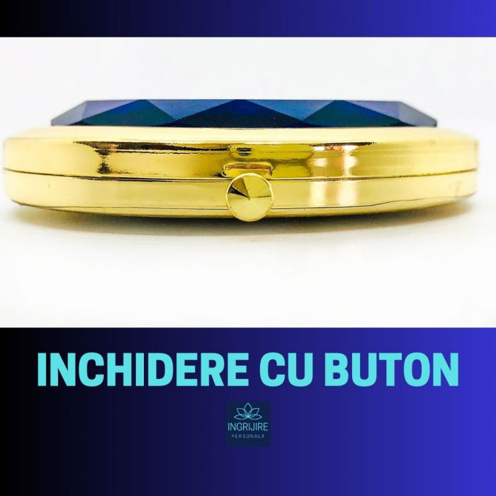 Oglinda de poseta, cristal decorativ albastru, auriu, 7 cm, lupa x3, [6]