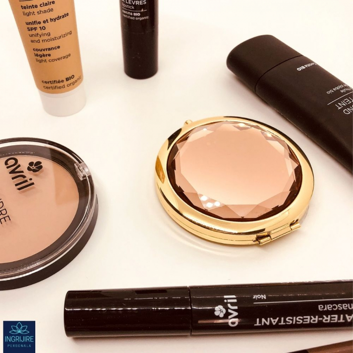 Oglinda de poseta, cristal decorativ champagne, auriu, 7 cm, lupa x3, [14]