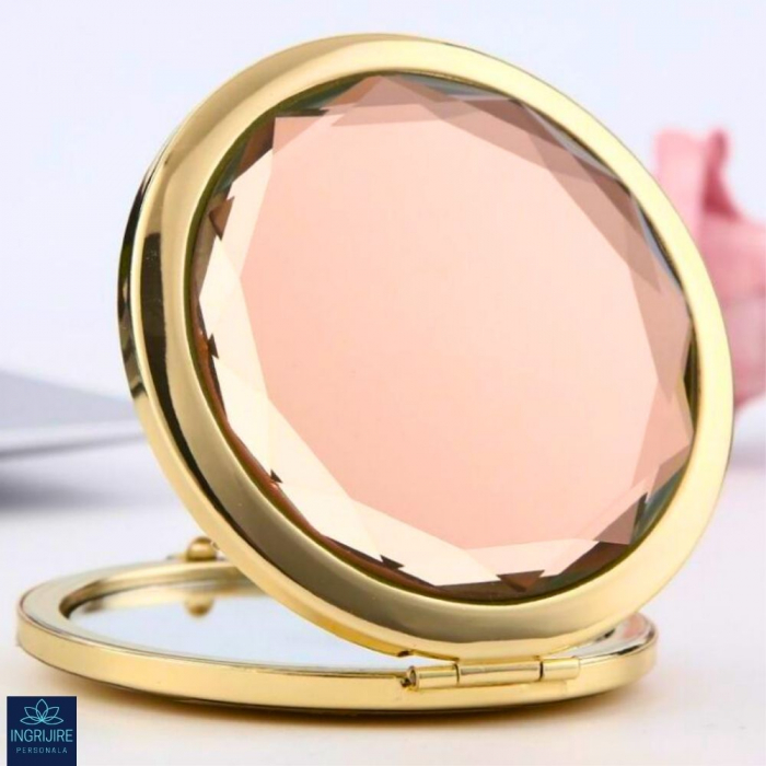 Oglinda de poseta, cristal decorativ champagne, auriu, 7 cm, lupa x3, [9]