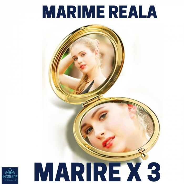 Oglinda de poseta, cristal decorativ champagne, auriu, 7 cm, lupa x3, [3]