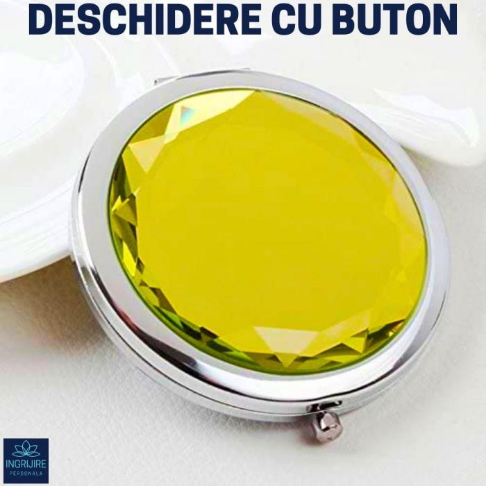 Oglinda de poseta, cristal decorativ lemon , 7 cm, lupa x3, otel inoxidabil [8]