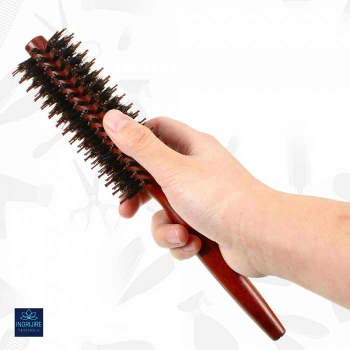 Perie de par circulara, maner hexagonal din lemn, termorezistenta [14]