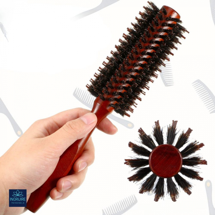 Perie de par circulara, maner hexagonal din lemn, termorezistenta [12]