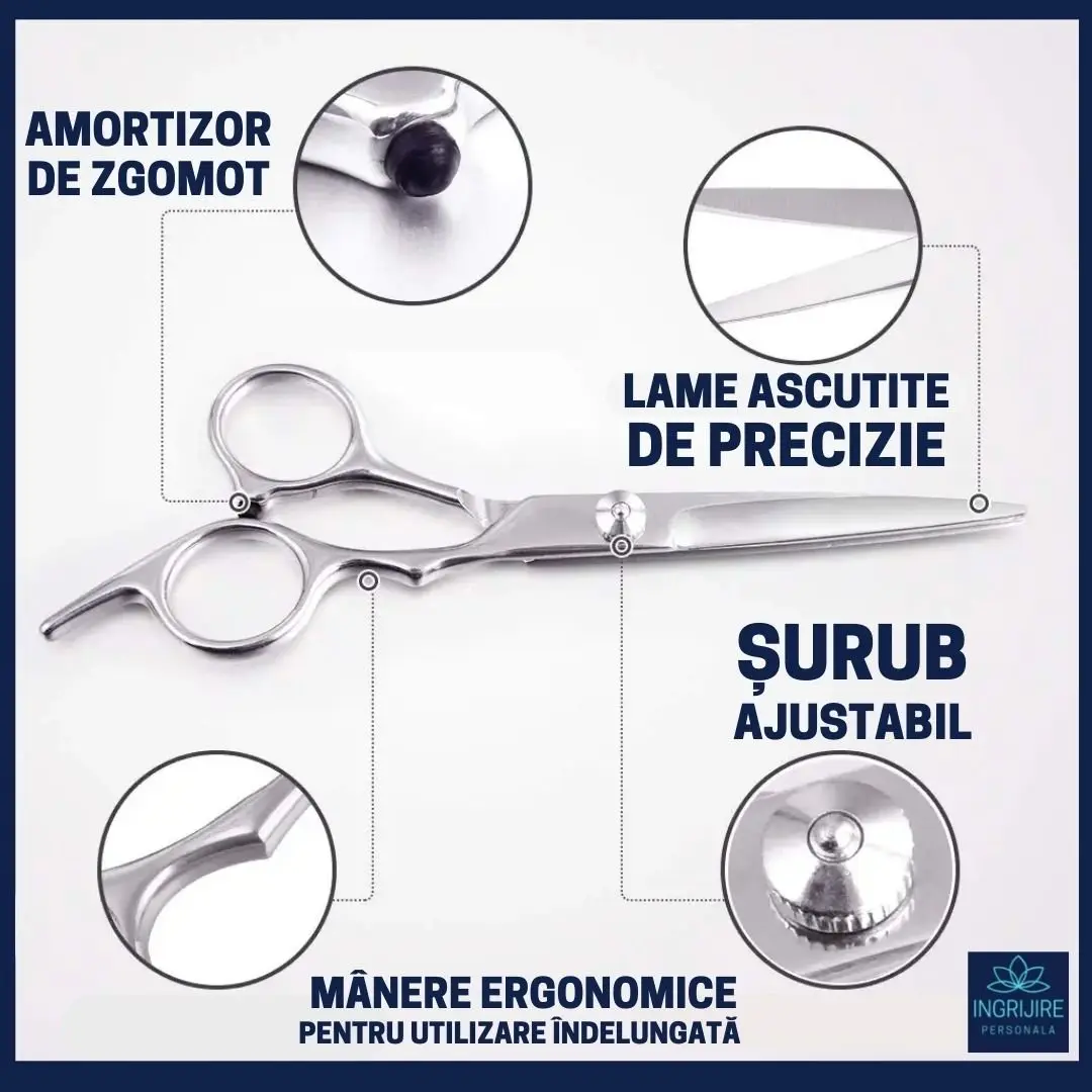Set complet pentru frizerie format din foarfece pentru tuns si filat 6'', brici cu lama interschimbabila si pieptan din otel inoxidabil [4]