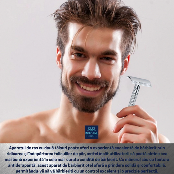 Set pentru barbierit din aparat de ras clasic Safety razor si pamatuf cu maner din lemn [4]