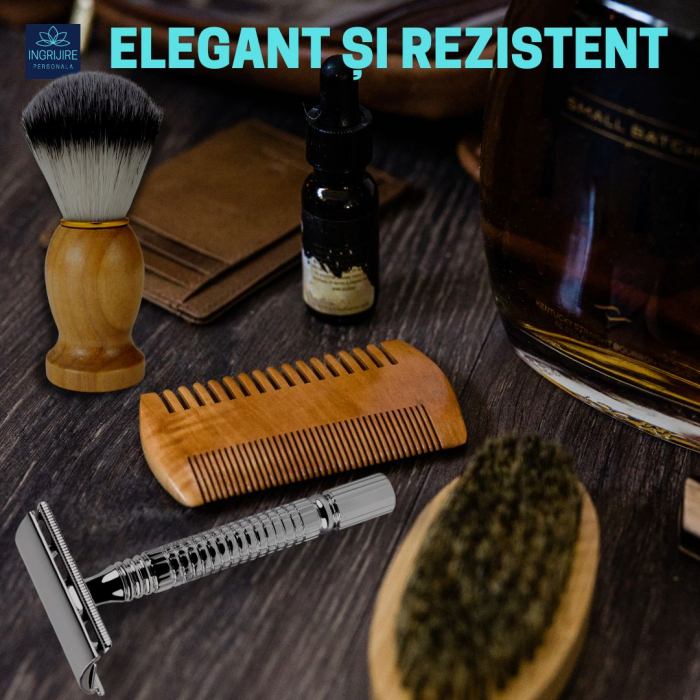 Set pentru barbierit din aparat de ras clasic Safety razor si pamatuf cu maner din lemn [15]
