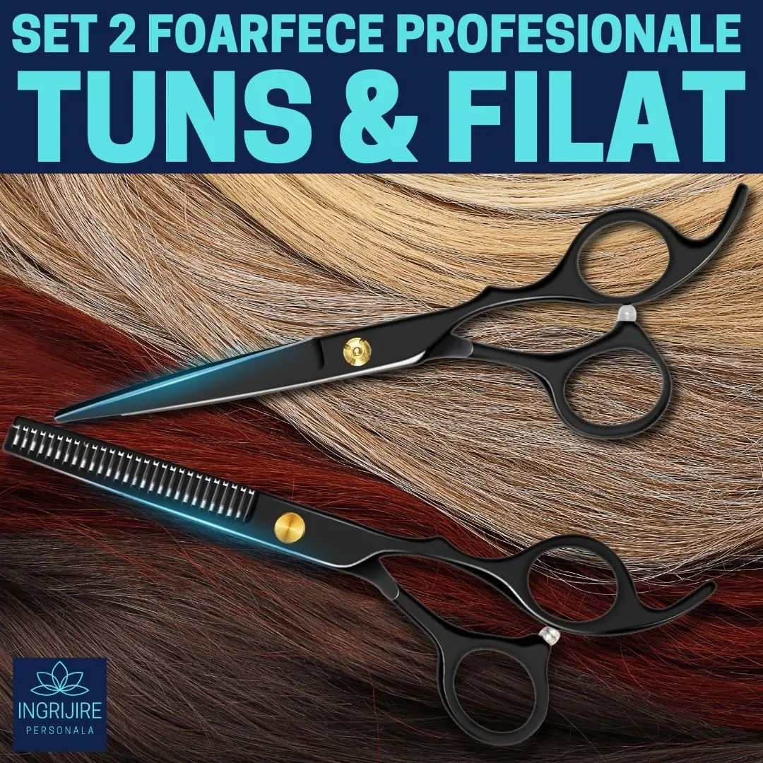 Set profesional pentru frizerie format din foarfece pentru tuns si filat 6'', brici cu lama interschimbabila si pieptan, Matte Black [2]