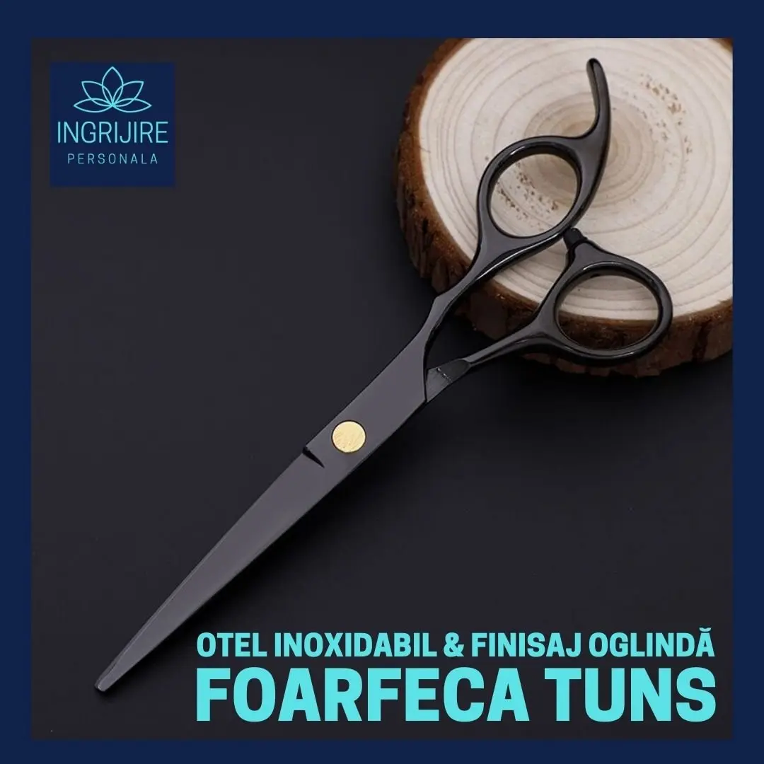 Set profesional pentru frizerie format din foarfece pentru tuns si filat 6'', brici cu lama interschimbabila si pieptan, Matte Black [3]