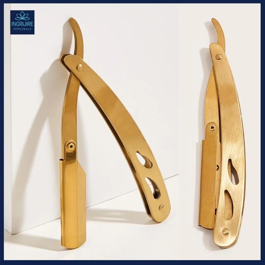 Set profesional pentru frizerie format din foarfece pentru tuns si filat 6'', brici cu lama interschimbabila si pieptan, Royal Gold [6]