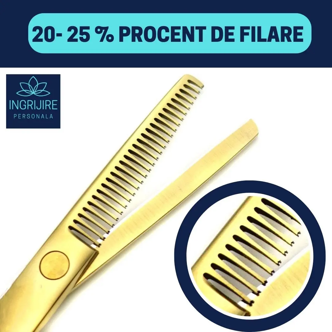 Set profesional pentru frizerie format din foarfece pentru tuns si filat 6'', brici cu lama interschimbabila si pieptan, Royal Gold [8]