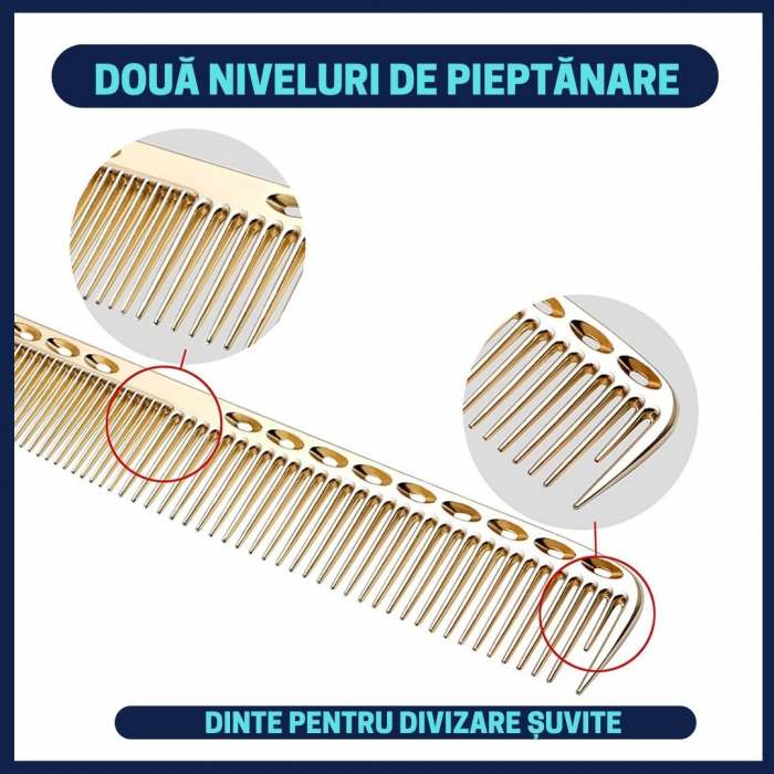 Set profesional pentru frizerie format din foarfece pentru tuns si filat 6'', brici cu lama interschimbabila si pieptan, Royal Gold [11]