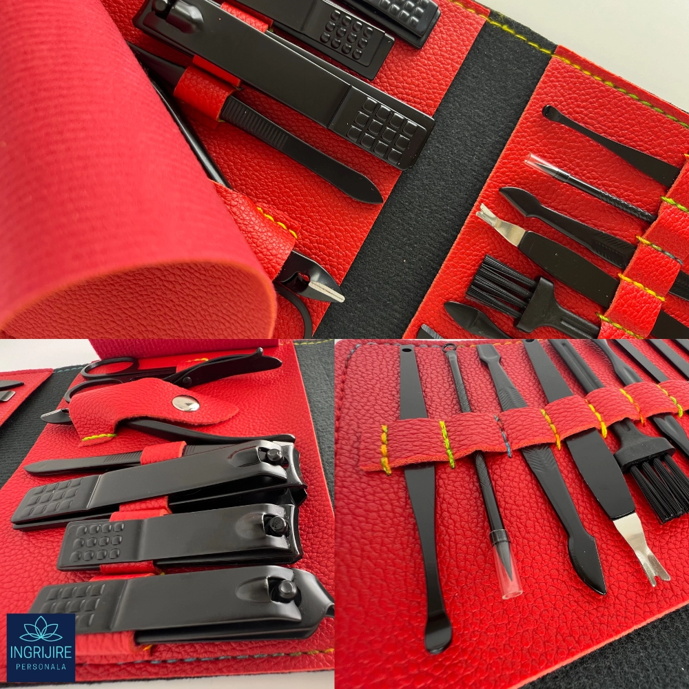 Trusa manichiura 16 piese, otel negru mat, etui din piele ecologica rosie [2]