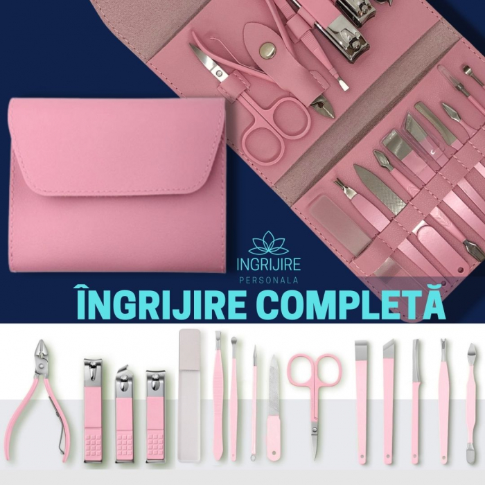 Trusa manichiura profesionala 16 piese, otel inoxidabil - PINK BABY DOLL [4]