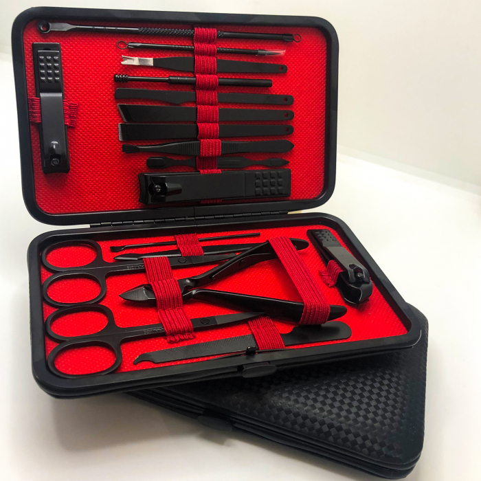 Trusa manichiura profesionala 18 piese, otel negru mat, interior textil ROSU RED WINE [19]