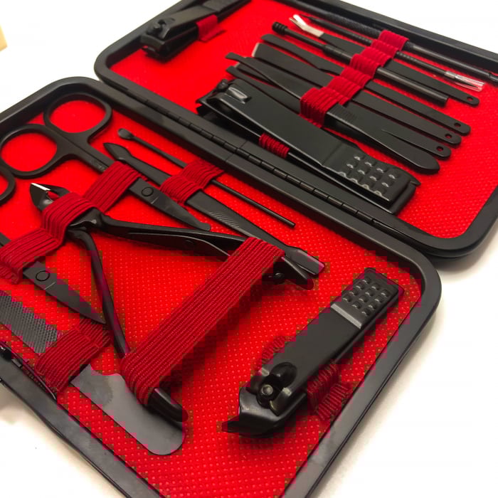 Trusa manichiura profesionala 18 piese, otel negru mat, interior textil ROSU RED WINE [5]