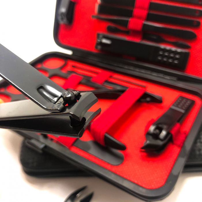 Trusa manichiura profesionala 18 piese, otel negru mat, interior textil ROSU RED WINE [3]