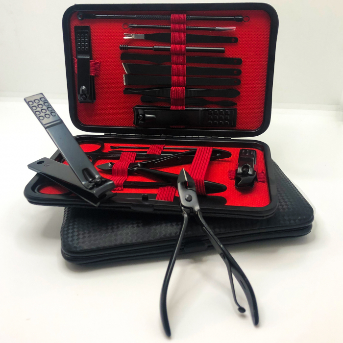 Trusa manichiura profesionala 18 piese, otel negru mat, interior textil ROSU RED WINE [13]