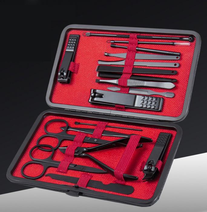 Trusa manichiura profesionala 18 piese, otel negru mat, interior textil ROSU RED WINE [2]