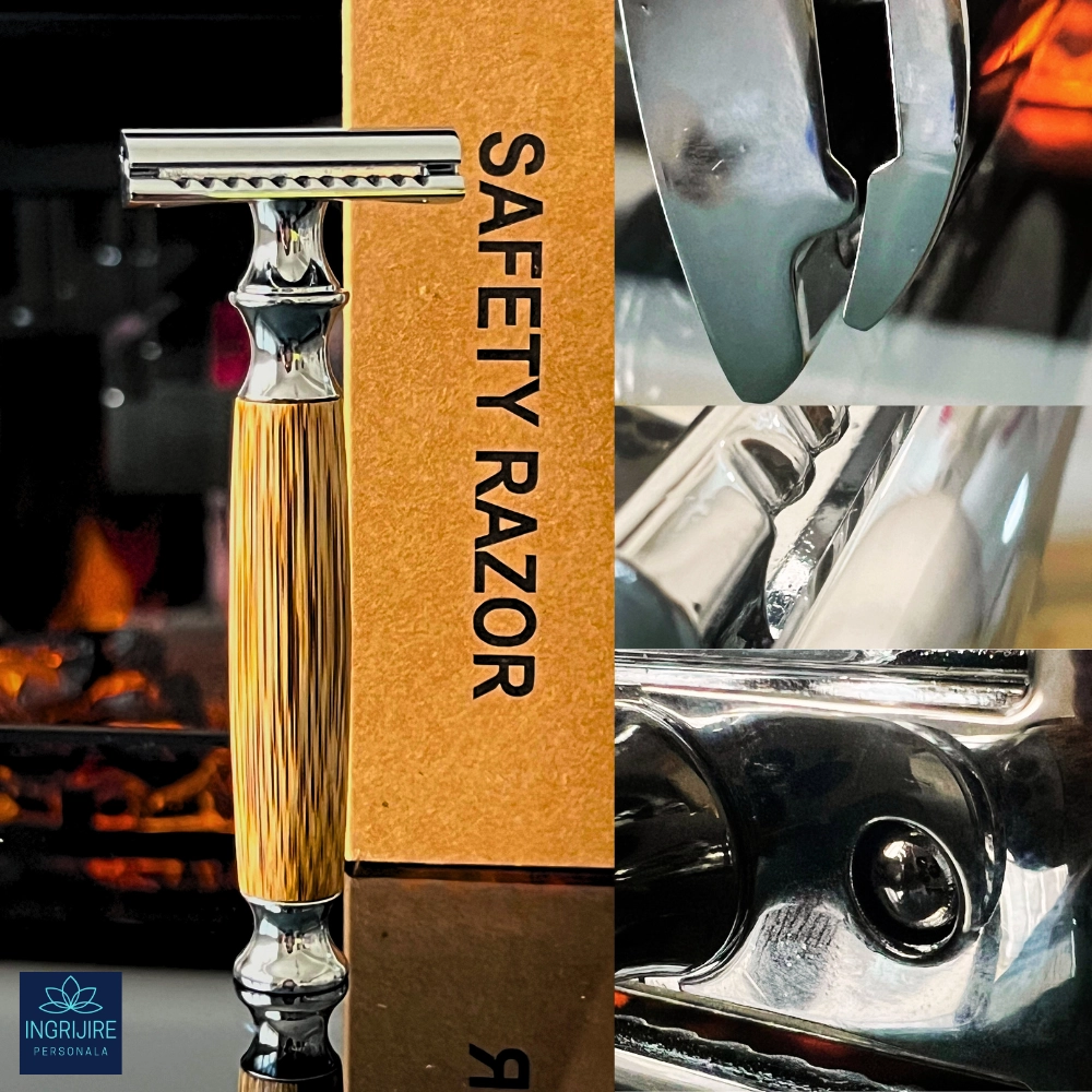 Aparat de ras clasic, maner din lemn, silver [3]