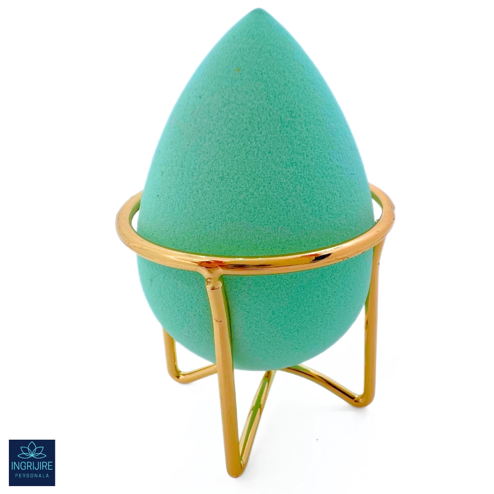 Accesorii machiaj - Burete ergonomic si stativ pentru aplicare make-up si creme, verde