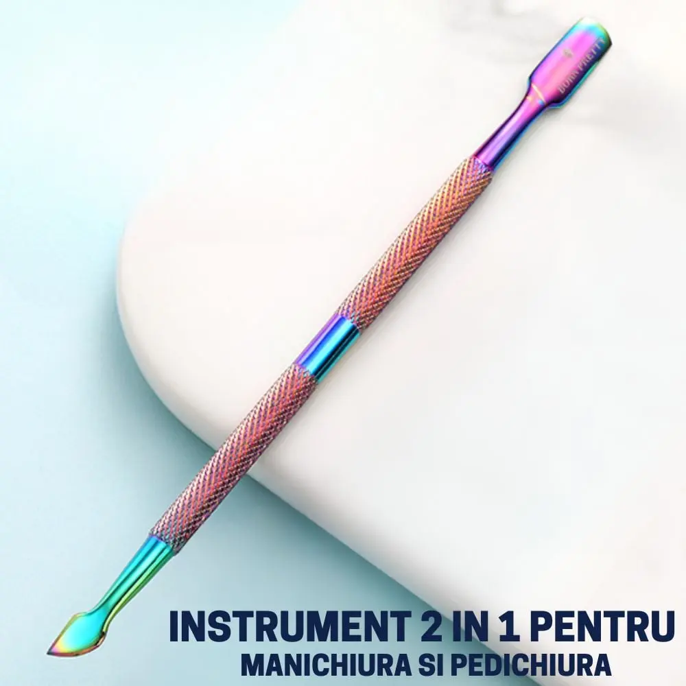 Instrument pentru impingere cuticule si curatare, cu doua capete varf drept/inclinat multicolor [2]