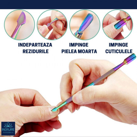 Instrument pentru impingere cuticule si curatare, cu doua capete varf drept/inclinat multicolor [9]
