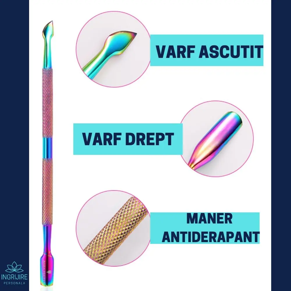 Instrument pentru impingere cuticule si curatare, cu doua capete varf drept/inclinat multicolor [5]