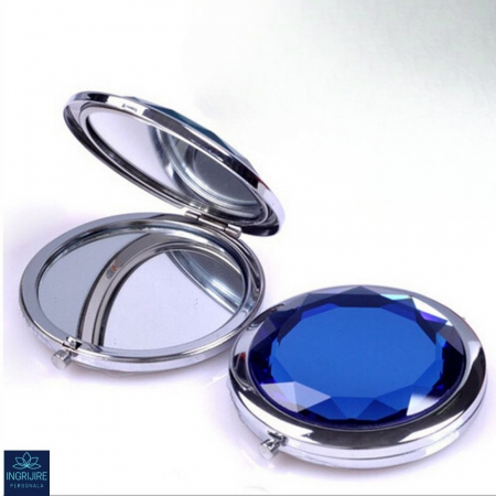 Oglinda de poseta, cristal decorativ albastru, 7 cm, lupa x3, otel inoxidabil [0]