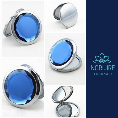 Oglinda de poseta, cristal decorativ albastru, 7 cm, lupa x3, otel inoxidabil [16]