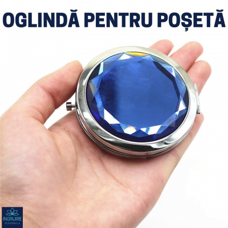 Oglinda de poseta, cristal decorativ albastru, 7 cm, lupa x3, otel inoxidabil [7]