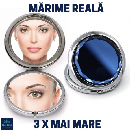 Oglinda de poseta, cristal decorativ albastru, 7 cm, lupa x3, otel inoxidabil [4]