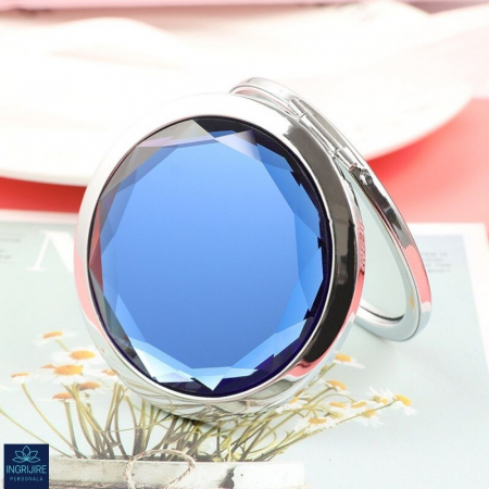 Oglinda de poseta, cristal decorativ albastru, 7 cm, lupa x3, otel inoxidabil [9]