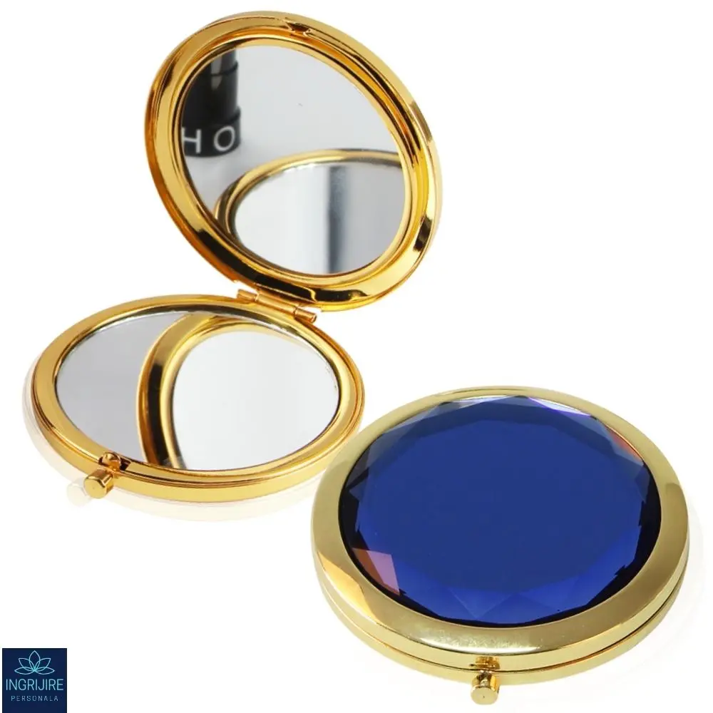 Oglinzi cosmetice - Oglinda de poseta, cristal decorativ albastru, auriu, 7 cm, lupa x3