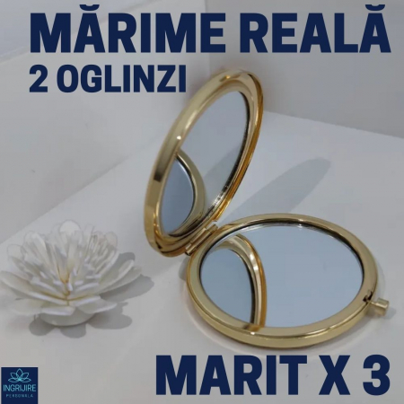 Oglinda de poseta, cristal decorativ albastru, auriu, 7 cm, lupa x3, [6]