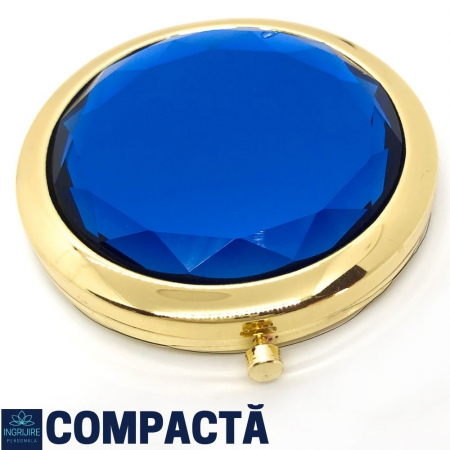 Oglinda de poseta, cristal decorativ albastru, auriu, 7 cm, lupa x3, [4]