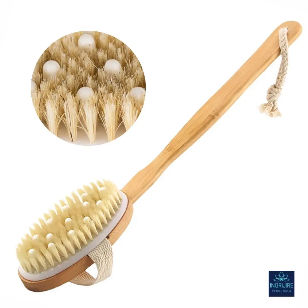 Perii de baie - Perie de baie din lemn de bambus cu bulbi pentru masaj si exfoliere, maner detasabil, rezistenta la apa